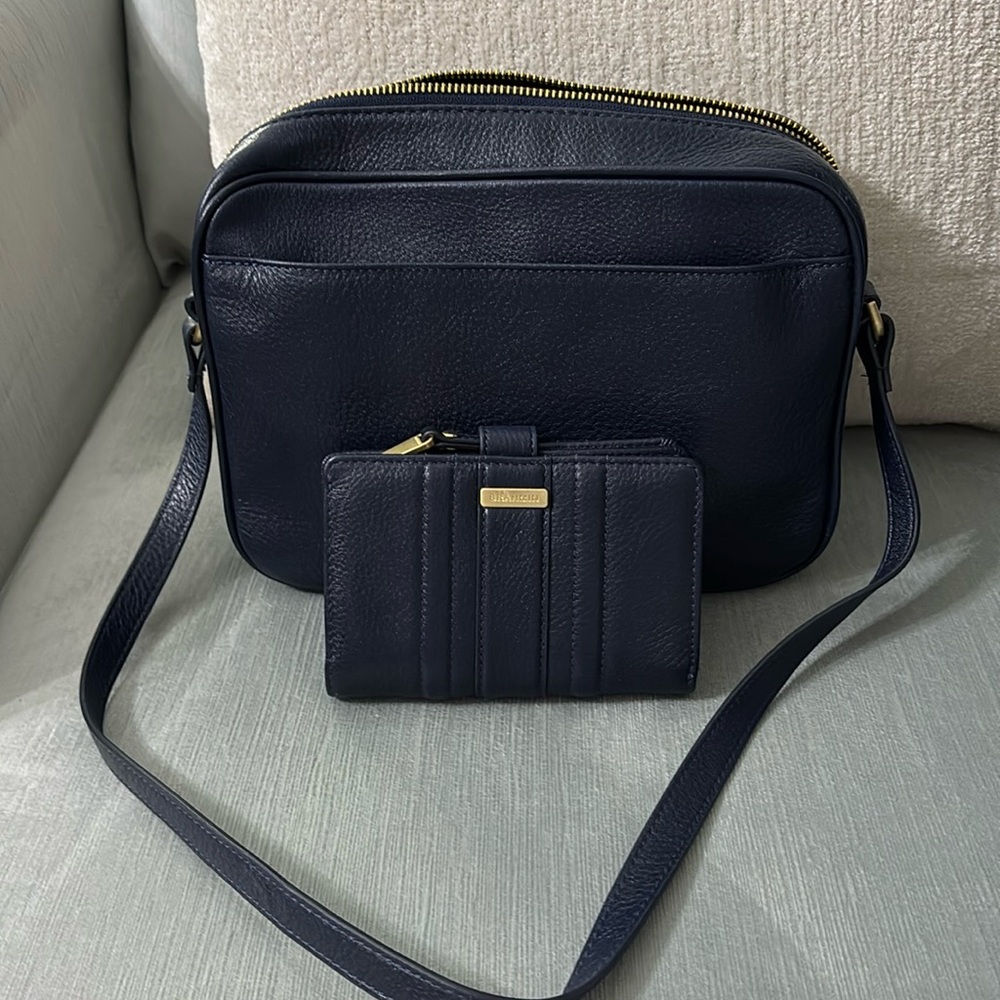 Brahmin pebbled leather navy blue shoulder bag with matching wallet.